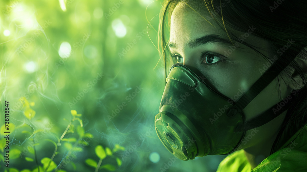 A woman in a green environment wears a protective gas mask, her eyes reflecting concern amid the foliage
