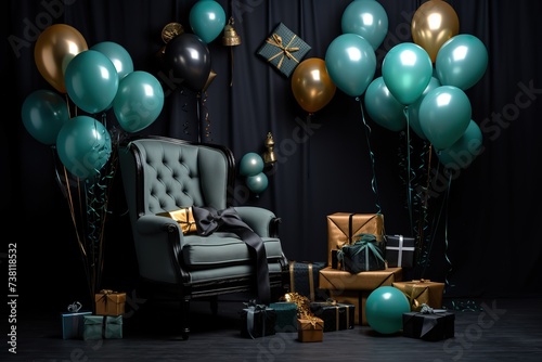 A black sofa and gold ribbon decorated with blue, gold balloons and gift boxes, on a black background and gold ribbons