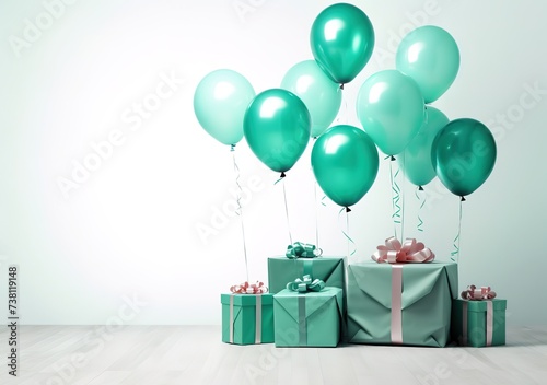 Green balloons and green gift boxes with ribbons, on the floor against a white wall background, for birthdays and party celebrations