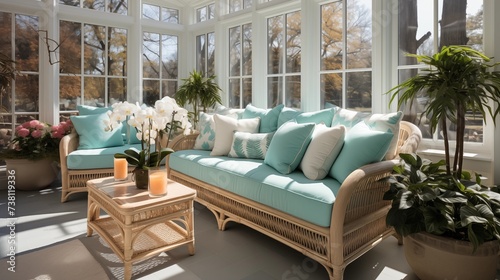 White and Turquoise Throw Pillows in Sunroom