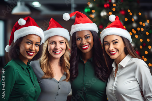  Office Team Female Employees in Christmas Hats.