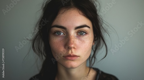 A woman with a flat affect her face lacking emotion and her eyes distant.