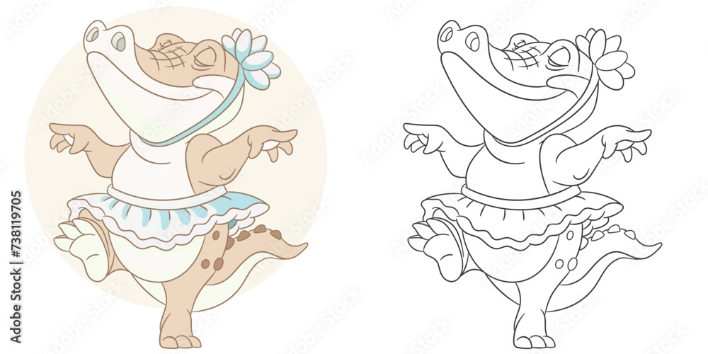 Crocodile dancing in ballet dress. Cute baby animal character. Set with a coloring page and colorful cartoon illustration. Crocodile dancing in ballet dress. Cute baby animal character. Set with a coloring page and colorful cartoon illustration.