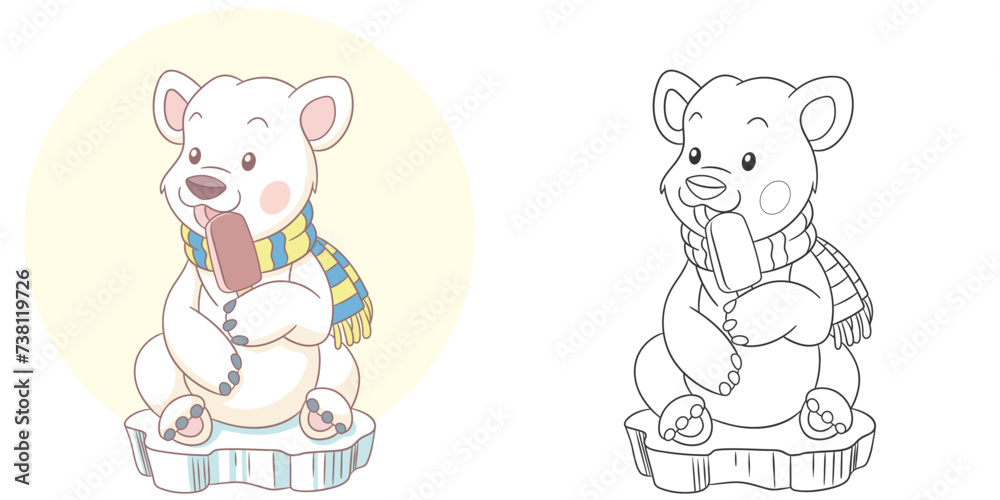 White bear with sweet ice cream. Cute baby animal character. Set with a coloring page and colorful cartoon illustration.