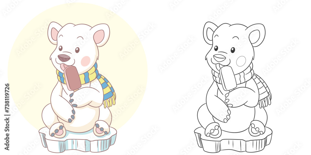 White bear with sweet ice cream. Cute baby animal character. Set with a coloring page and colorful cartoon illustration. White bear with sweet ice cream. Cute baby animal character. Set with a coloring page and colorful cartoon illustration.