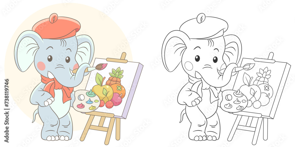 Obraz premium Elephant painting fruits on canvas. Cute baby animal character. Set with a coloring page and colorful cartoon illustration.