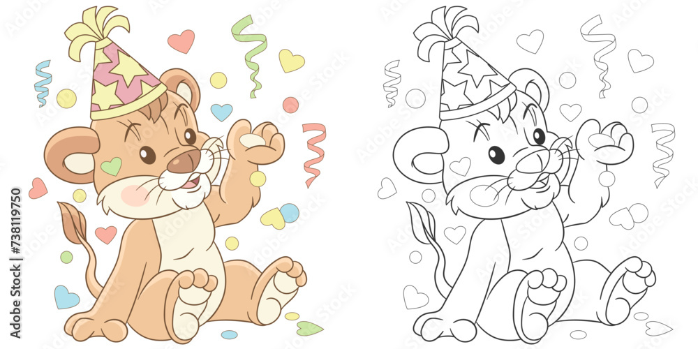 Obraz premium Little lion on a birthday party. Cute baby animal character. Set with a coloring page and colorful cartoon illustration.