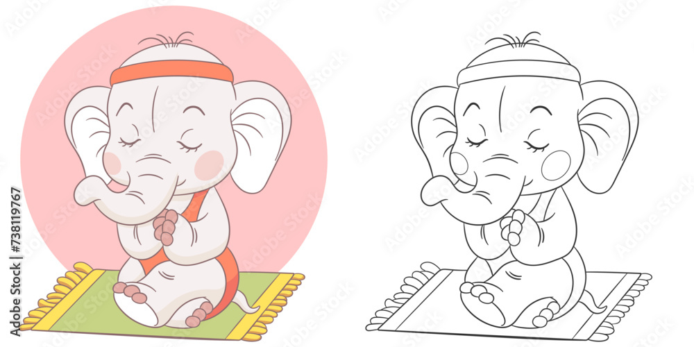 Elephant meditating in lotus pose. Cute baby animal character. Set with a coloring page and colorful cartoon illustration.