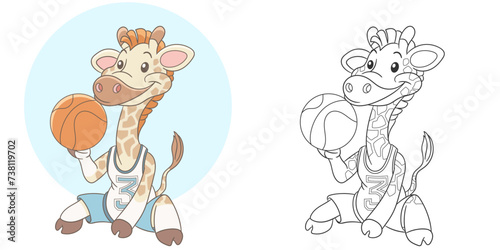 Giraffe basketball player. Cute baby animal character. Set with a coloring page and colorful cartoon illustration.