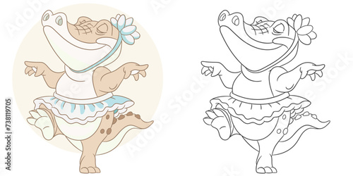 Crocodile dancing in ballet dress. Cute baby animal character. Set with a coloring page and colorful cartoon illustration.