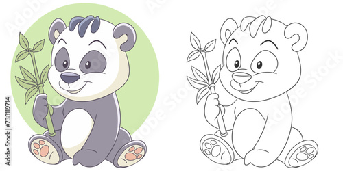 Fototapeta Naklejka Na Ścianę i Meble -  Panda bear with a bamboo branch. Cute baby animal character. Set with a coloring page and colorful cartoon illustration.