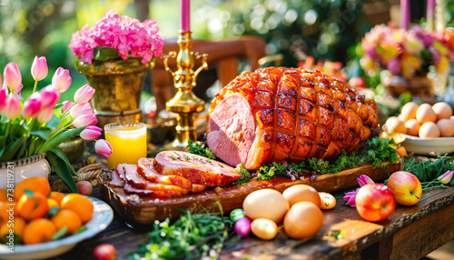 Festive Easter Brunch Spread with Glazed Ham, easter eggs, salads, assorted appetizers and spring flowers in garden