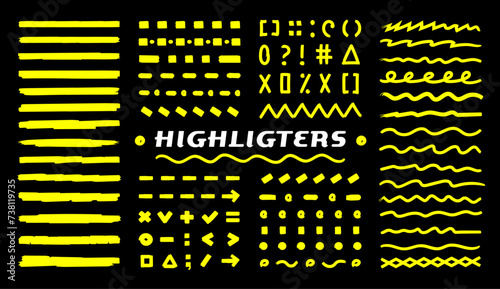 Hand-drawn set yellow highlight marker lines, underlines, rounds, arrows, punctuation marks, tick marks, and sketches. The brush lines are isolated on a black background. Doodle notes vector elements.