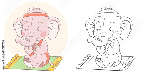 Elephant on yoga classes. Cute baby animal character. Set with a coloring page and colorful cartoon illustration.