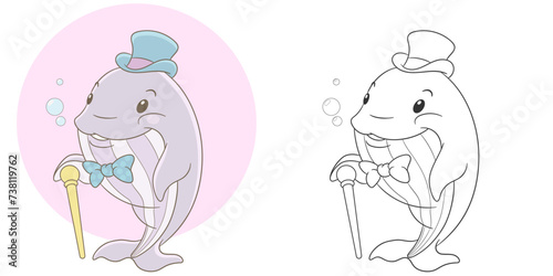 Whale gentleman with a walking stick. Cute baby animal character. Set with a coloring page and colorful cartoon illustration.