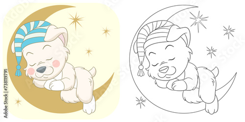 Dreamy puppy sleeping on a crescent moon. Cute baby animal character. Set with a coloring page and colorful cartoon illustration.
