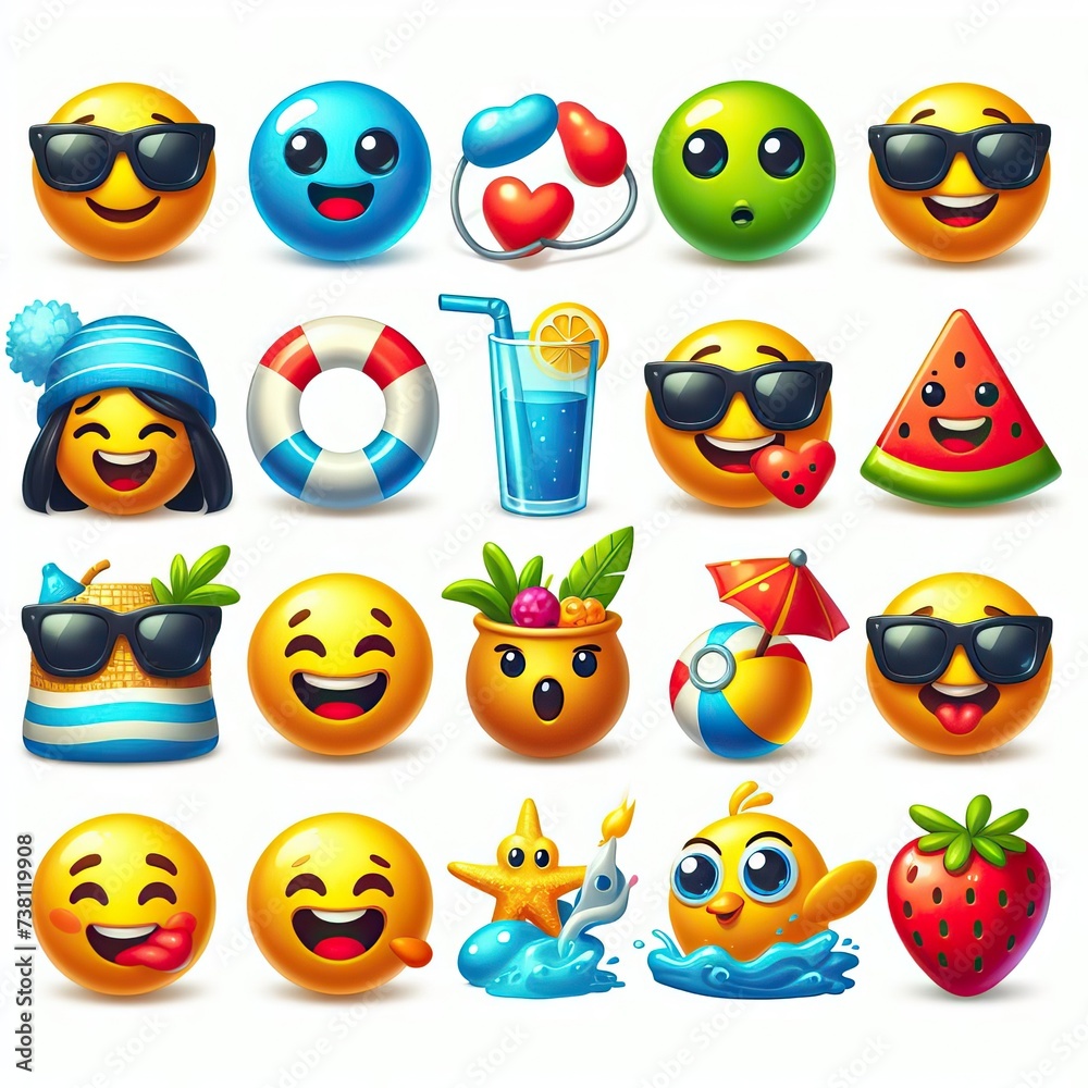 Set of emoticons on a white background in the style of vacation on the beach. Generative AI. Set of emoticons on a white background in the style of vacation on the beach. Generative AI.