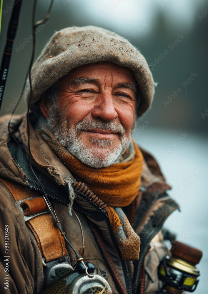 portrait of a happy smiling fisherman on the background of a river, lake, pond, fishing, nature, hobby, fishing rod