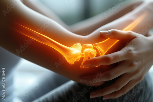Bone fracture and inflammation, broken arm, diseases of the joint, woman suffering from pain in her hand, health problems concept photo