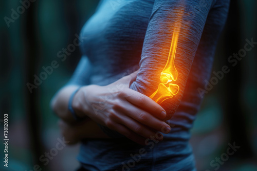 Bone fracture and inflammation, broken arm, diseases of the joint, woman suffering from pain in her hand, health problems concept photo