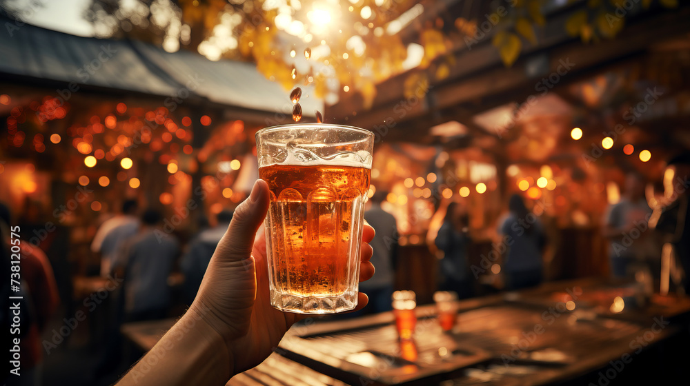 Close-up of a hand holding glass of beer on the beer festival background.