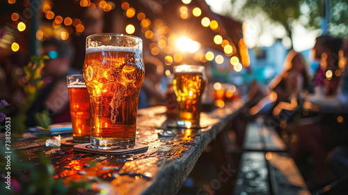 Close-up of beer glasses standing on the table of the street terrace of a pub and people gathering on background.