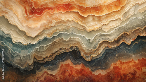 A cascade of earthy tones - terracotta, olive green, and warm sienna - intertwining gracefully on a textured marble slab.