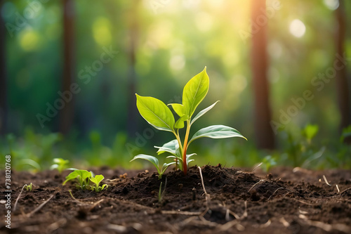 Plants growing from the soil in the forest with a blurred background Young plant growing in sunlight 