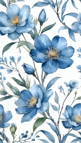 Slate blue floral illustration. Watercolor delicate blossoms.