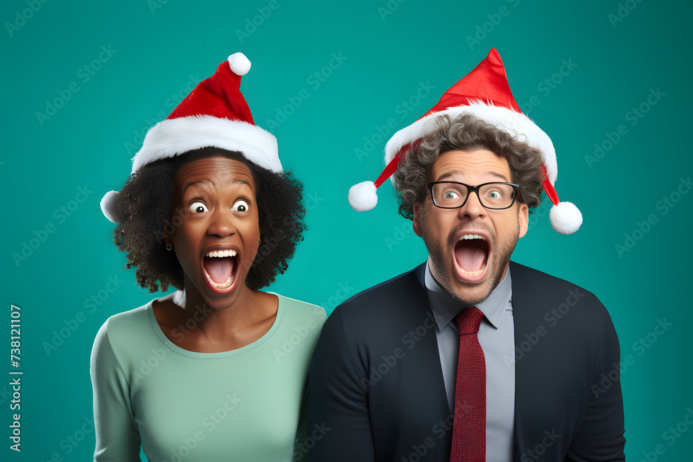 Office Team couple Employees in Christmas Hats. Office Team couple Employees in Christmas Hats.