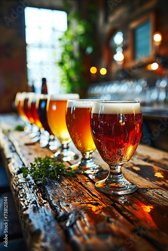 Variety of beer in glasses on the wooden counter in old pub. Beer tasting.