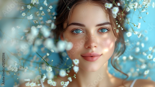 Portrait of a young woman surrounded by colorful flowers on light blue background.