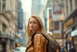blonde woman exploring the city streets as a tourist or student generative ai