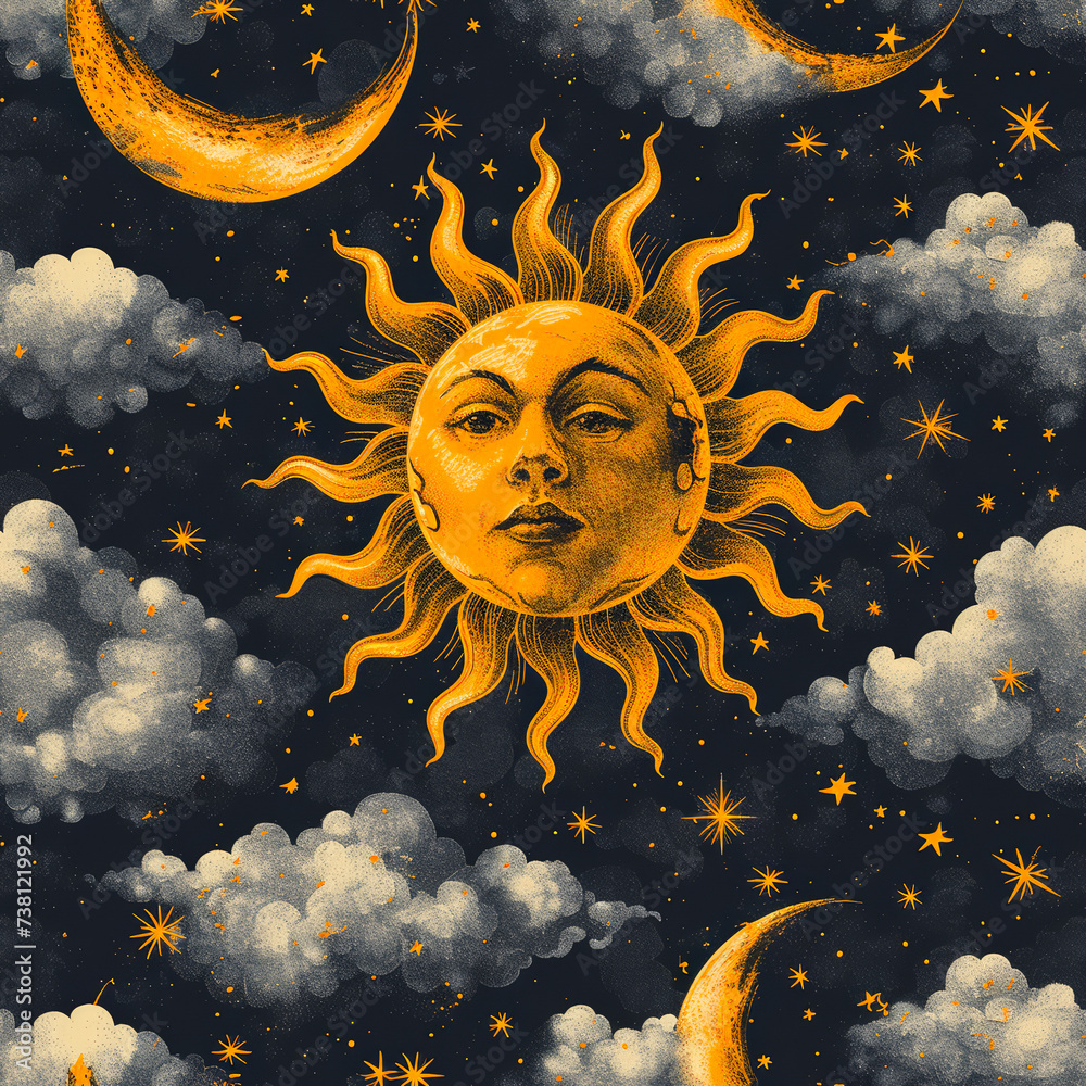 Fototapeta premium Tile with face as sun as background and to fill areas in soft colors, ai generated