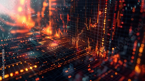 Digital visualization of a futuristic cityscape  with glowing network connections symbolizing communication and data in a smart city. Futuristic Cityscape with Digital Network Grid  