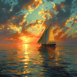 Majestic Sailing Yacht Basking in the Golden Sunset on Serene Sea