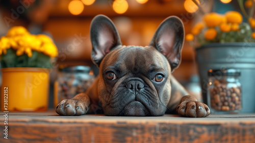 French Bulldog lies on a table, its expression reflecting boredom or anticipation, amidst a warm indoor setting © weerasak