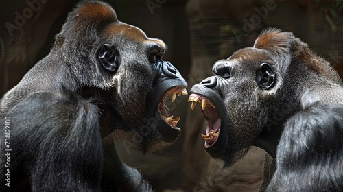 Portrait of two silverback mountain gorillas fighting
