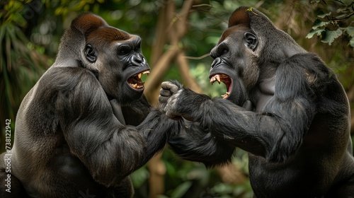 Portrait of two silverback mountain gorillas fighting