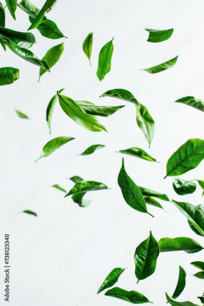 fresh green tea leaves falling white background fresh green tea leaves falling white background