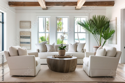 Serene Coastal Inspired Living Room with Neutral Tones and Natural Light - Perfect for Real Estate and Interior Design