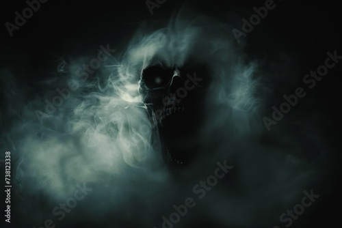 scary ghost head with smoke on dark background