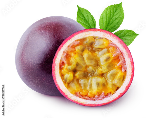 Isolated passionfruit. Whole and half of passion fruits (maracuya) with leaves isolated on white background