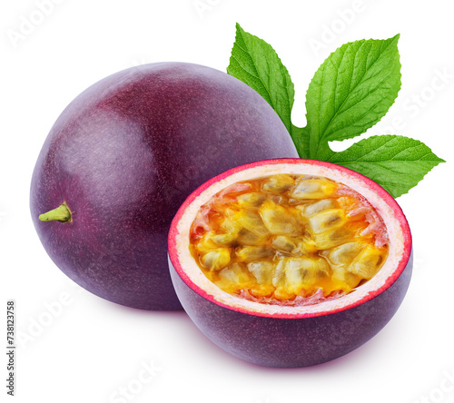 Isolated passionfruit. Whole and cut of passion fruits (maracuya) with leaf isolated on white background