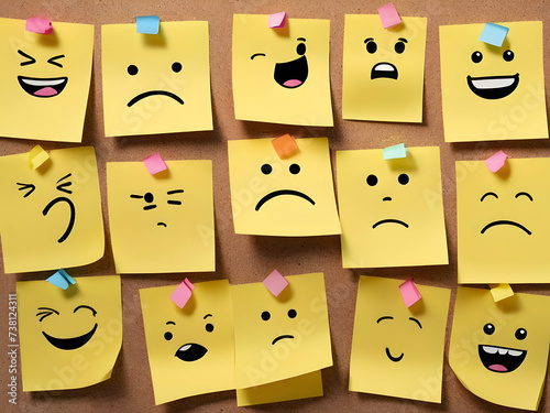 pin emotion faces on sticky notes with cork board concept using sticky notes