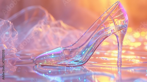 Magical modern Cinderella fairy tale glass slipper. Fashion iridescent high heel pump shoe on pink studio background.