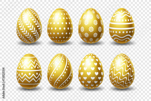 Vector gold shiny metal 3D realistic Easter eggs with ornament on a transparent background. Easter egg hunt element.