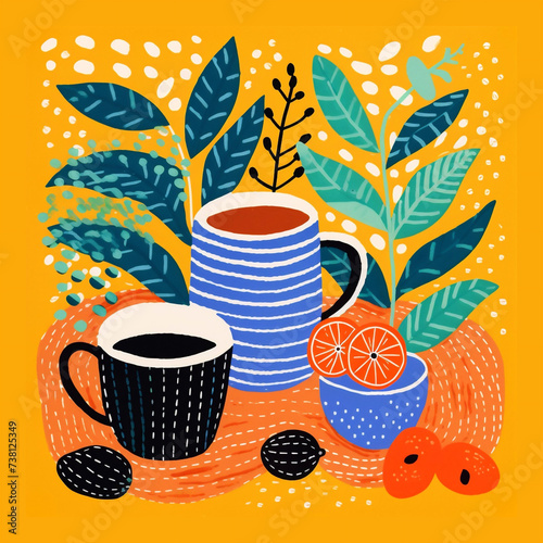 Acrylic painted modern naive art coffee on lable composition illustration. Vivid colorful acrylic painted stylized clip art for ads banners and poster design