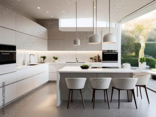 A modern and spacious kitchen, beautifully captured in a photography style reminiscent of architectural photographer