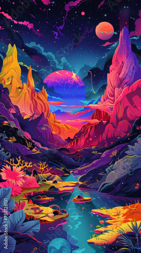 Fantasy worlds mythical creatures and landscapes in bold pop colors photo